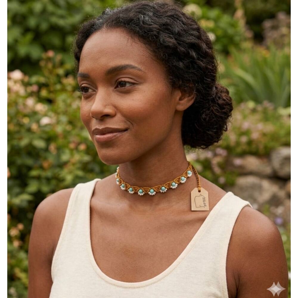 Handcrafted Daisy Seed Bead Choker Necklace Macrame Gold Turquoise  Jewelry - Picture 3 of 3
